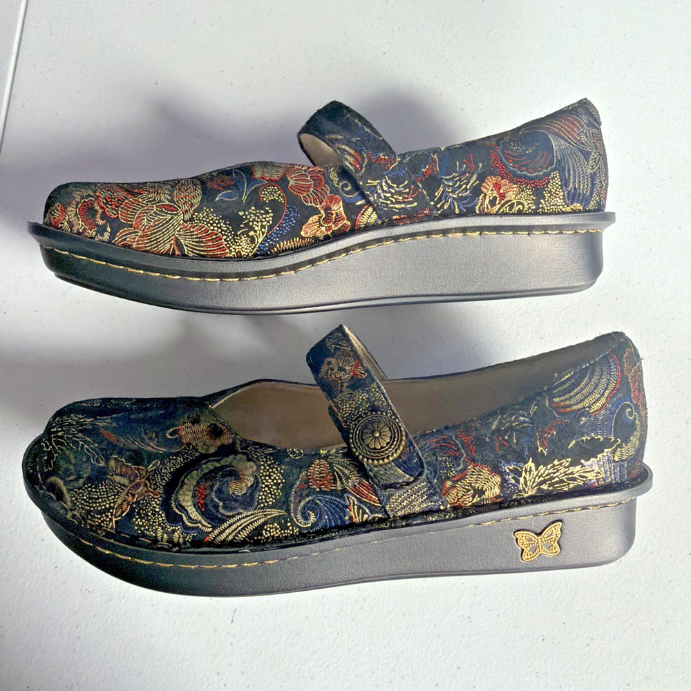 Alegria Mary Jane Shoes 8.5 EU 39 Black Embossed Leather Tweed Academia Everyday - Picture 4 of 10